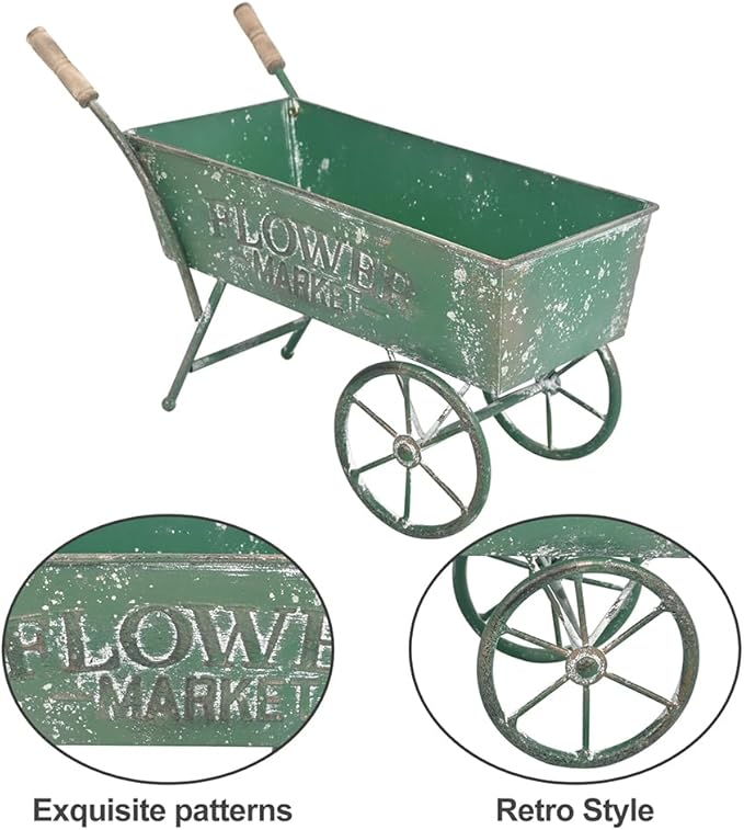 15 Inch Farmhouse Small Flower Cart with Wooden Handles Metal Wagon Planters for Outdoor Plants Decorative Wheelbarrow Plant Cart for Patio Garden Balcony Green