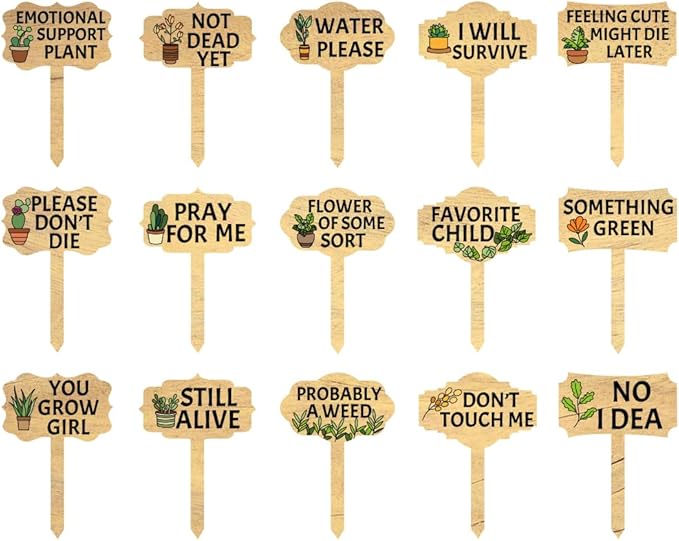 Funny Wooden Plants Markers Wood Plants Labels Stake Funny Wooden Plants Decor Tags for Indoor Outdoor Garden Plants Home Decoration