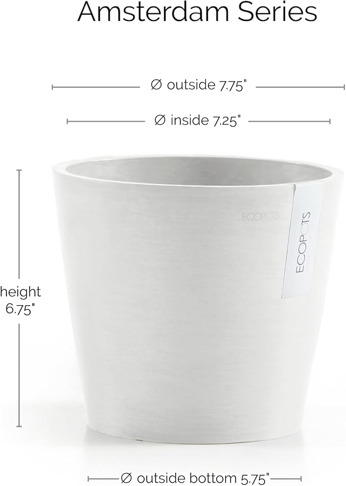 Ecopots Amsterdam Durable Modern Round Indoor/Outdoor Recycled-Based Composite Flower Pot Planter, Pure White, 8"