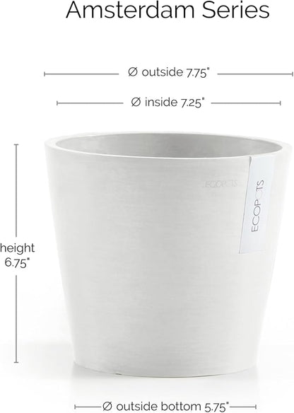 Ecopots Amsterdam Durable Modern Round Indoor/Outdoor Recycled-Based Composite Flower Pot Planter, Pure White, 8"