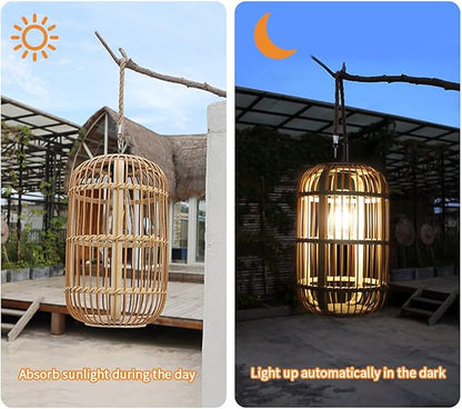 Livinlarge Solar Lantern Outdoor Waterproof, Large Rattan Solar Lantern Outdoor Hanging with Handle, Natural Bamboo Solar Outdoor Lights with Edison Bulb for Garden Patio Yard Tabletop Decoration