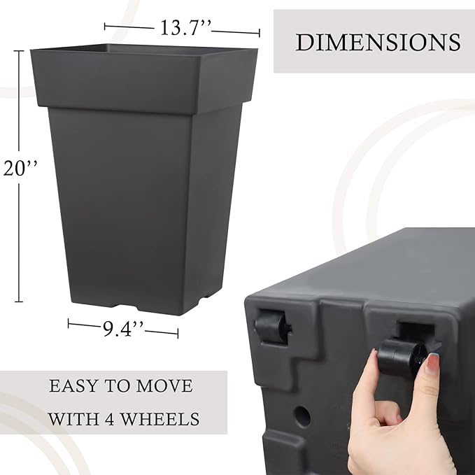 Tall Planters for Outdoor Plants, 20 Inch Movable Drainage Large Outdoor Planter Indoor Planters, Set of 2 Plastic Planters for Front Porch Door Garden Balcony Deck, Dark Gray 20"