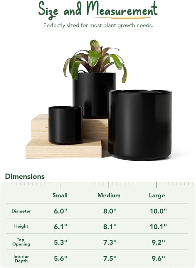 LE TAUCI Ceramic Pots for Plants, 10/8/6 Inch Indoor Planters with Draiange Hole, Silicone Plug & Mesh Pad, Modern Minimalist Pots for Home Office, Set of 3, Satin, Black