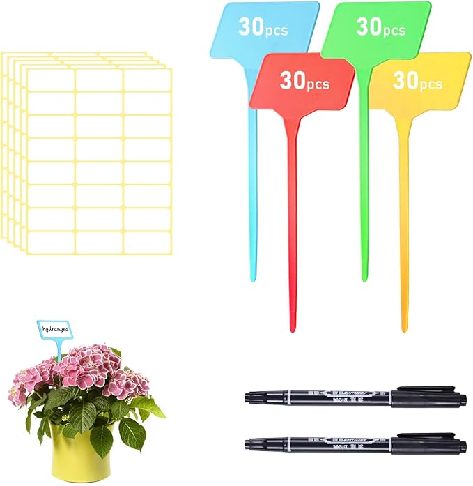 120 Pcs Plastic Plant Label Signs, Plastic Plant T Type Tags Plant Markers Stakes, Garden Plant Labels, with 2 Marker Pens for Flower Herb Pot Plant