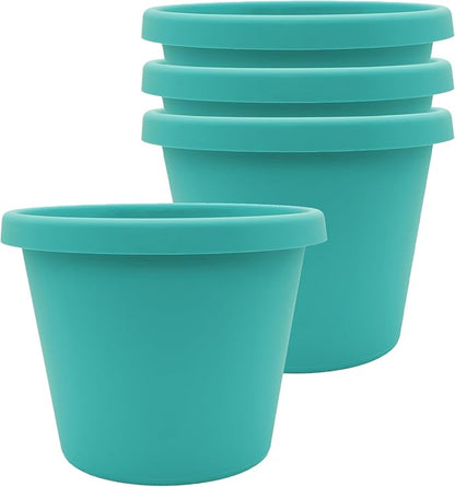 The HC Companies 6 Inch Prima Round Planter Pots with Drainage Holes and Rolled Rim, Lightweight UV-Resistant Plastic Indoor & Outdoor Planters, 4-Pack Flower Pots for Garden & Home Decor, Dusty Teal