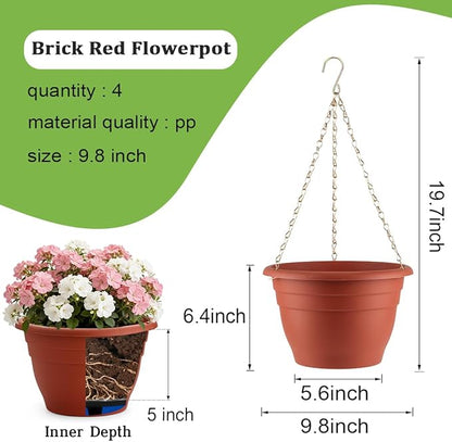 Hanging Planters 10 Inch, 4 Pcs Flower Pots with Drainage Hole, Self Watering Hanging Basket for Indoor Outdoor Plants, Decor, Pottery Red