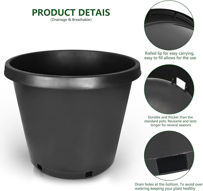 5-Pack 12.7 Gallon Round Planter Nursery Pots, Flower Plant Container Injection Molded Plastic Nursery Pots Gardening Pot for Indoor Outdoor Vegetables, Succulents, Black