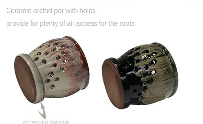 2PCS Small Ceramic Orchid Planter Pots with Holes 4.33inch Ceramic Planters for Orchid Repotting(Black&White)