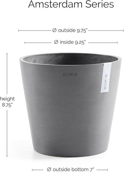 Ecopots Amsterdam Durable Modern Round Indoor/Outdoor Recycled-Based Composite Flower Pot Planter, Grey, 10"
