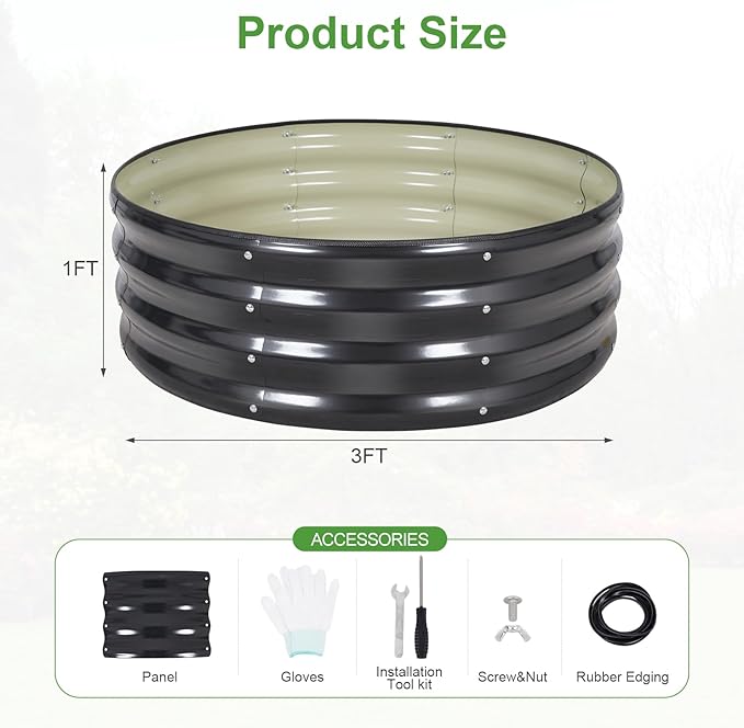 Galvanized Raised Garden Bed- 2Pcs Metal Planter Boxes Outdoor | 12" Tall 36" Round Steel Raised Bed Kit & Fire Pit Ring for Gardening with Protective Tape for Vegetables, Flower (Grey)