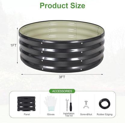 Galvanized Raised Garden Bed- 2Pcs Metal Planter Boxes Outdoor | 12" Tall 36" Round Steel Raised Bed Kit & Fire Pit Ring for Gardening with Protective Tape for Vegetables, Flower (Grey)