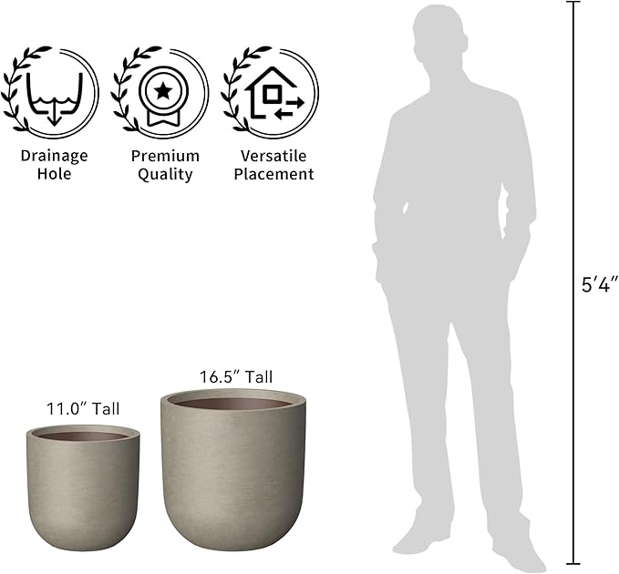 Kante 16.5" Round Concrete Planter, Large Cylinder Plant Pot with Curved Bottom and Drainage Hole, for Indoor and Outdoor Use – Garden or Patio, Weathered Concrete Finish with Painted Interior