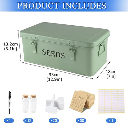 Seed Storage Box, Metal Seed Bin Seed Storage Organizer, 4 Dividers Seed Container with Safety Lock, Seed Box with Professional All-in-one Kit, Green