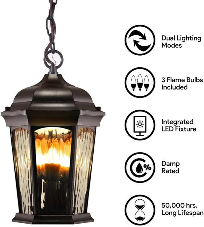 Euri Lighting EHL-130W-MD, Flickering Flame Hanging Lantern, Water Glass, with Integrated Security Light (3000K), Wall Switch Selectable Function, Water Glass, Oil Rubbed Bronze Housing