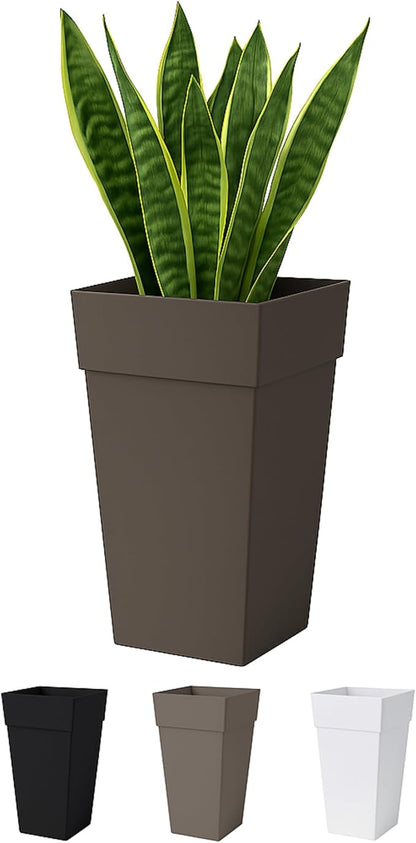 Bloem Finley 25" Tall Square Peppercorn Plastic Resin Planter with Drainage Holes for Indoor and Outdoor Gardening