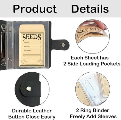 Seed Storage Organizer Binder, PU Seed Packet Organizer with 50 Clear Pockets(25 Pack Sheet Sleeves) and 50 Pack Seed Envelopes, Garden Seed Holder Book, Pink Flower Plant Seed Keeper