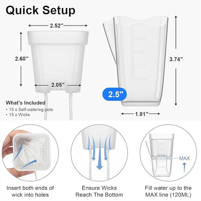 2.5 Inch Mini Self Watering Pots for Indoor Plants, 15 Pack Semi Hydroponic Pots, Small Clear Plastic Planters, Drainage Hole, Water Level Indicator, African Violets, Alocasia, Cutting, Seeding