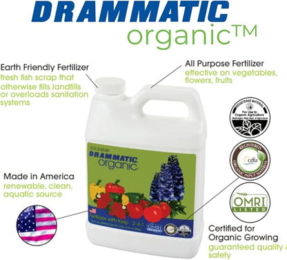 Drammatic® Organic™ Fertilizer w/Kelp 2-4-1, Hydrolyzed Liquid Fish Fertilizer for Vegetables, Flowers, and Fruits, 1 Quart (32 Ounces), OMRI Listed