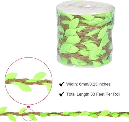 Natural Jute Twine with Green Leaf Ribbon – 33ft Decorative Vine Rope for Gardening, Plant Hanging, Crafts, Gift Wrapping, and DIY Projects (Jute Twine + Light Green)