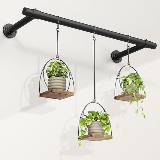 Window Plant Hanger Indoor, 48 Inch Heavy Duty Plant Hanging Rod, 1 Inch Metal Hanging Plant Holder for Window Wall, Matte Black Round Flange Base, Pot Not Included