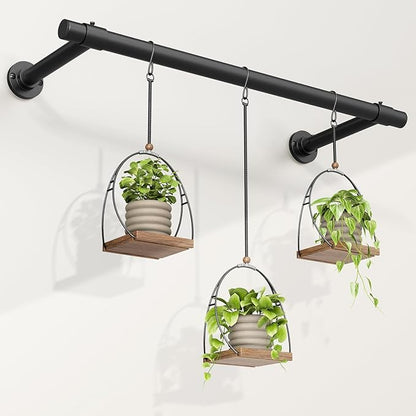 Window Plant Hanger Indoor, 32 Inch Heavy Duty Plant Hanging Rod, 1 Inch Metal Hanging Plant Holder for Window Wall, Matte Black Round Flange Base, Pot Not Included