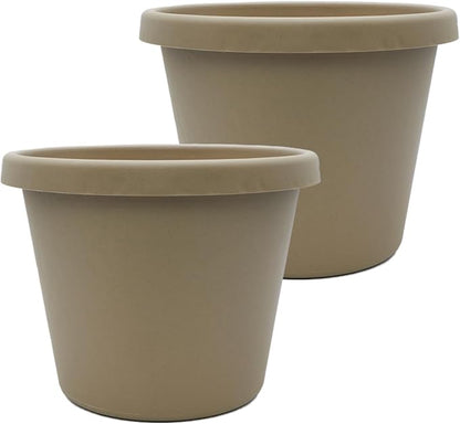 The HC Companies 24 Inch Prima Round Planter Pots with Drainage Holes and Rolled Rim, Lightweight UV-Resistant Plastic Indoor & Outdoor Planters, 2-Pack Flower Pots for Garden & Home Decor, Sandstone