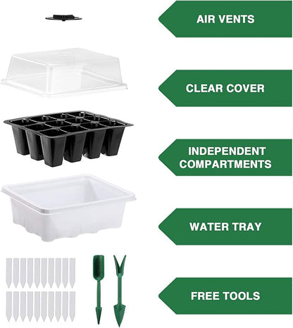 Delxo 10 Pack Seed Starter Kit with Humidity Domes - 120 Cells Seedling Trays with Adjustable Vents & Base - Reusable Plant Germination Trays for Seed Starting - Includes Plant Tags & Garden Tools