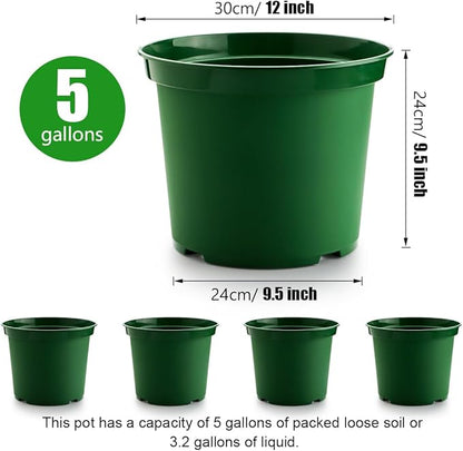 5 Gallon 12 Inch Plastic Nursery Pots, Plant Containers with Drainage Holes, Round Sturdy Garden Planters for Indoor/Outdoor Greenery, Gardening Gifts for Women (5-Pack, Green)