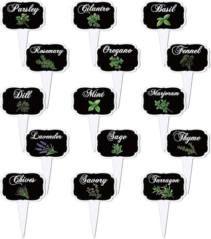 arricraft 15 Pcs Black T-Shaped Acrylic Plant Labels, Black Background Framed Herb Theme Waterproof Garden Stake Labels for Indoor Outdoor Potted Plants Nursery Marker Decoration 4.01x2.68 inches