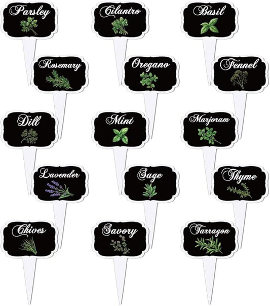 arricraft 15 Pcs Black T-Shaped Acrylic Plant Labels, Black Background Framed Herb Theme Waterproof Garden Stake Labels for Indoor Outdoor Potted Plants Nursery Marker Decoration 4.01x2.68 inches