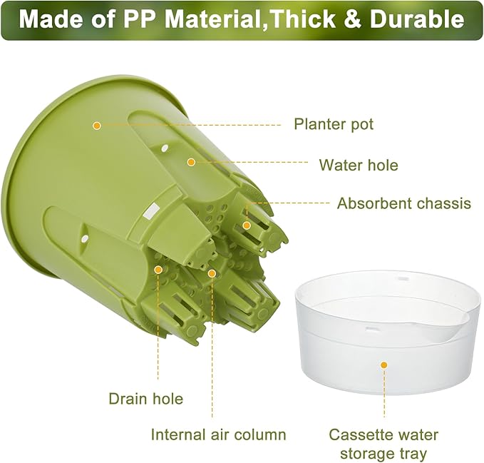 Plant Pots 6 inch Set of 5, Self Watering Pots for Indoor Outdoor, Upgraded Water Inlet Self Watering Planters Flower Pots with Drainage Hole and Clear Saucer Reservoir (Green)