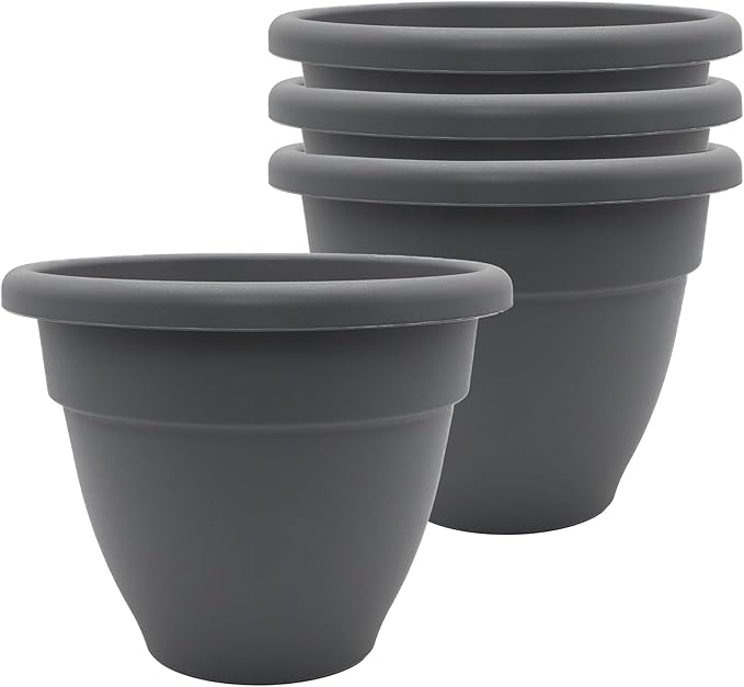 The HC Companies 6 Inch Caribbean Planter Pots with Drainage & Plug, Rolled Rim Plastic Planters for Indoor & Outdoor Plants, 4-Pack Decorative Flower Pots for Garden, Office & Home Decor, Warm Gray