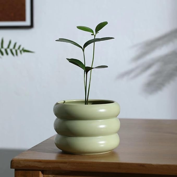 Ceramic Plant Pot Indoor, 6.5 Inch Flower Pot with Drainage Hole, Tiered Bubble Design Ceramic Planter for Home & Office Decor (Green)