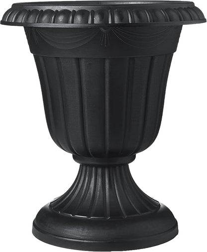 Arcadia Garden Products PL20BK Classic Traditional Plastic Urn Planter, Indoor or Outdoor Garden Decor, Flower Pot Vase 10x12 - Black