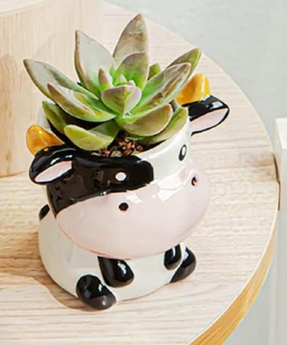 Ceramic Succulent Plant Pot Cactus Plant Pot Flower Pot Container Planter with Drainage Hole Home Office Desk Garden Gift Idea Animal Shaped Flower Pot Cute Vase Pot (Sit Down Cow)