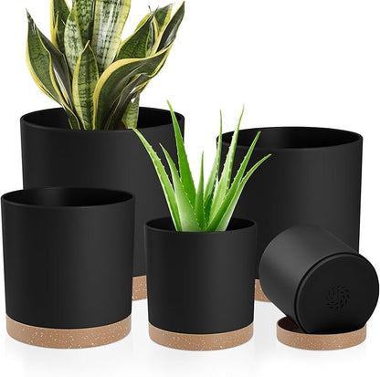 Plant Pots with Drainage Holes and Saucers – 7, 6.5, 6, 5, 4 Inch Plastic Planters for Indoor Outdoor Plants, Modern Matte Finish, Lightweight & Durable（Black）
