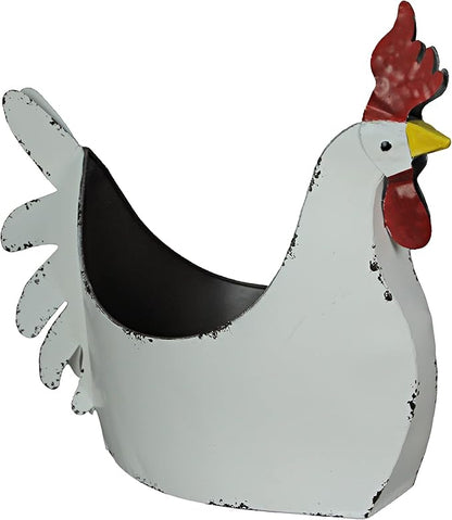Zeckos Rustic White Finish Metal Rooster Planter - Indoor/Outdoor Decorative Flower Pot for Home and Garden - 15.5 Inches Long - Farmhouse Style Accent Piece