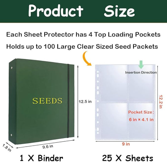 Seed Storage Organizer Binder,3 Ring Seed Packet Organizer with 100 Pockets(25 Pack Clear Sheet Protectors), Garden Seed Holder Book for Envelopes, Seed Saving Keeper, Green