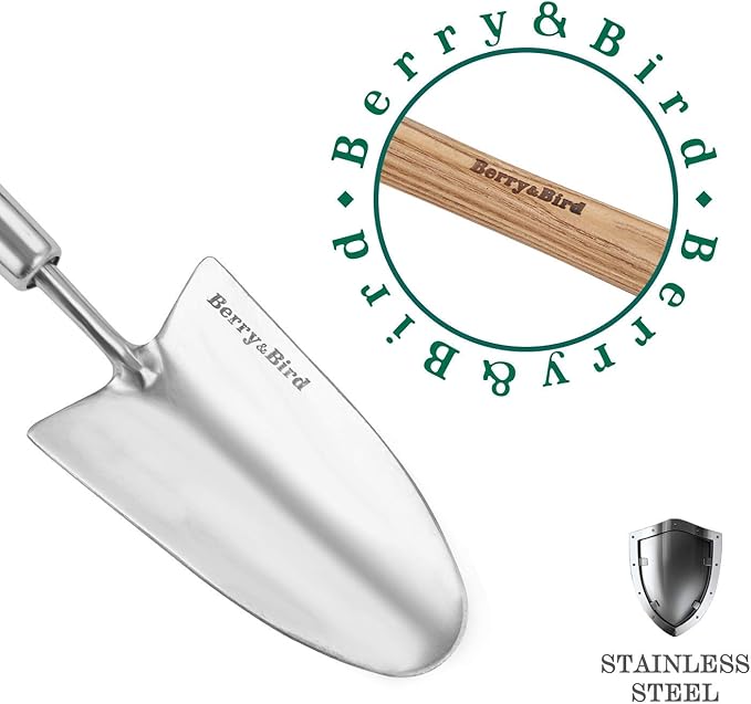 Berry&Bird Garden Trowel with Long Handle, 23.43in Stainless Steel Short Shovel with Wood Handled for Digging, Gardening, Transplanting, Planting and Weeding