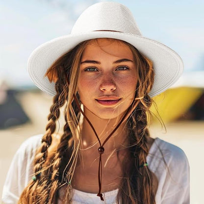 DRESHOW Women Straw Panama Hat Travel Fedora Beach Sun Hat Summer Wide Brim Straw Roll up Hat UPF 50+