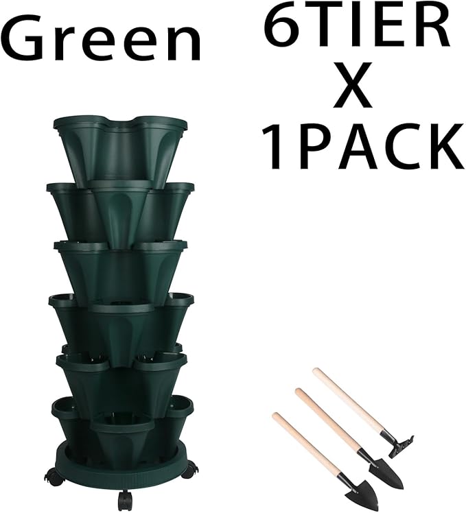 GameXcel Vertical Planter 6 Tier Stackable Planters Garden Planters Strawberry Herb Flower and Vegetable Planter Indoor Outdoor Gardening Pots with Removable Wheels and Tools
