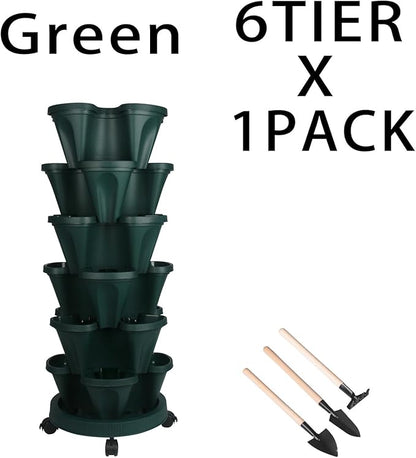 GameXcel Vertical Planter 6 Tier Stackable Planters Garden Planters Strawberry Herb Flower and Vegetable Planter Indoor Outdoor Gardening Pots with Removable Wheels and Tools