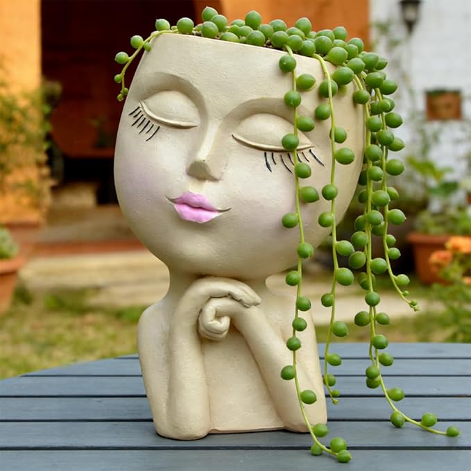 Face Head Planter, Funny Heads Plant Pots, Cute Girl Faces Plant Pot, Decorative Flower Pots, Cute Succulent Pots with Drainage for Home Garden Decor, Plant Lover's Gifts for Women (7" Khaki)