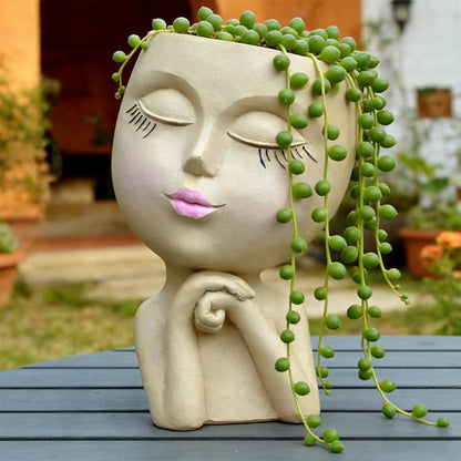 Face Head Planter, Funny Heads Plant Pots, Cute Girl Faces Plant Pot, Decorative Flower Pots, Cute Succulent Pots with Drainage for Home Garden Decor, Plant Lover's Gifts for Women (7" Khaki)