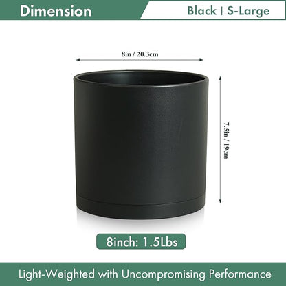 Cylinder 8 inch Plant Pots, Mordern Plastic Planters with Drainage Holes and Saucers for Indoor Outdoor Plants Flowers, Black