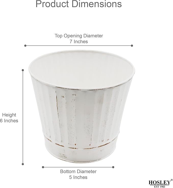 Hosley Metal Planters Pack of 2, Ideal Farmhouse Decor for Floral Arrangements Weddings, Gift Special Events Parties Outdoor Planters White wash 7" Dia x 6" H