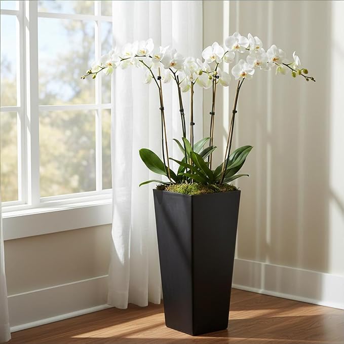 GreenShip 27 inch Tall Planters for Indoor Outdoor Plants, Set of 2 - Large Black Flower Pots with Drainage & Inner Shelf, Modern Decorative Garden Pots for Porch, Patio, Front Door