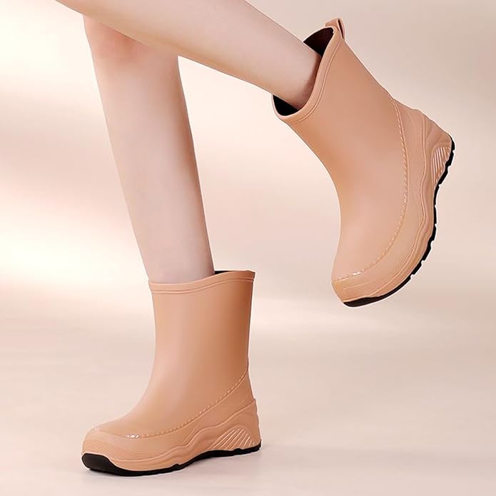 Women'S Chunky Platform Rain Ankle Boot Fashion Comfort Round Toe Waterproof Anti-Slip Thick Sole Pull On Garden Chelsea Rain Boots for Outdoor Work Booties