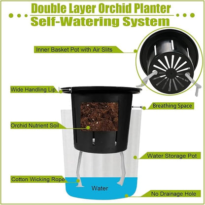 MUZHI Orchid Pot with Net and Holes, Round Self Watering Planter Pot for Indoor Plants and Flowers 3 Sets White