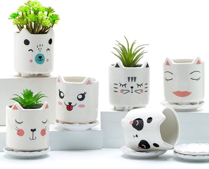 B SEPOR Set of 6 4.25inch Small Ceramic Animal Succulent Planter Porcelain Pots for Baby Succulant with Drainage and Bamboo Tray for Window Sill(Squatting Cats)
